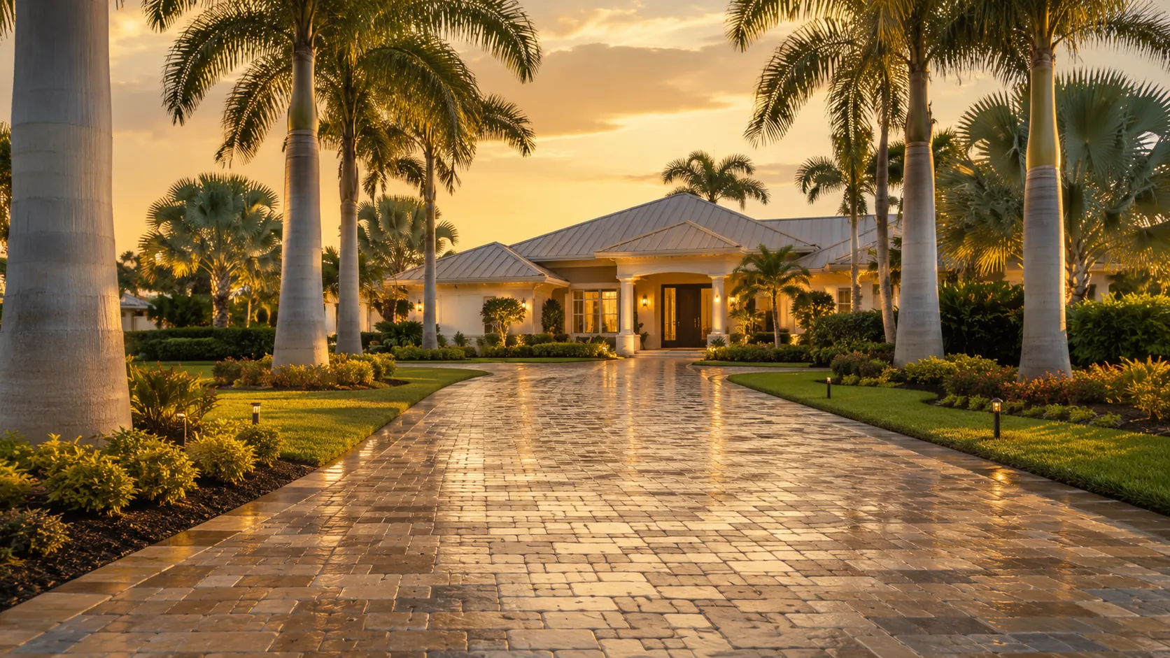 Sealed paver driveway at a palm-lined Florida estate.