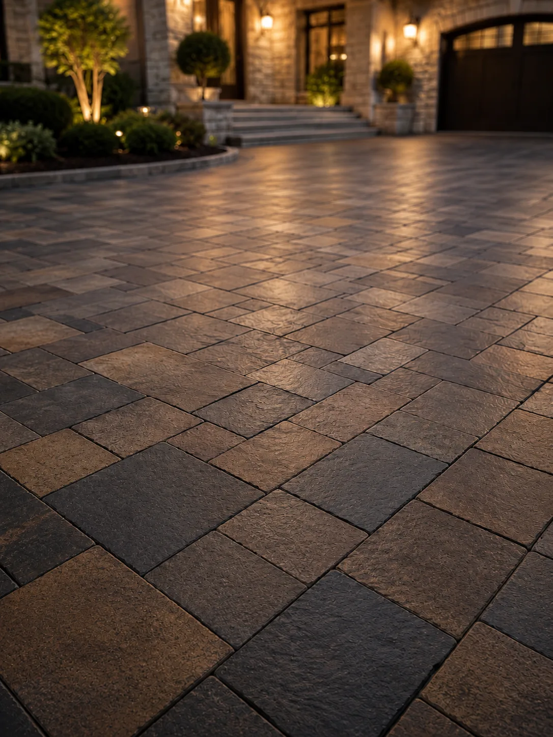 Clean residential stone courtyard at dusk
