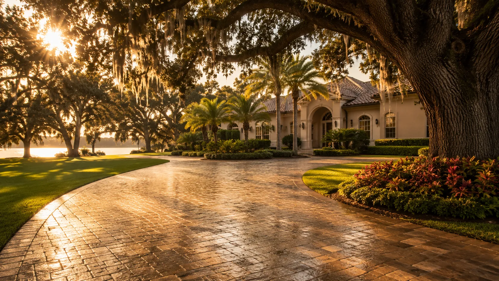 Sealed paver driveway beneath mature oak canopy at a Florida home.