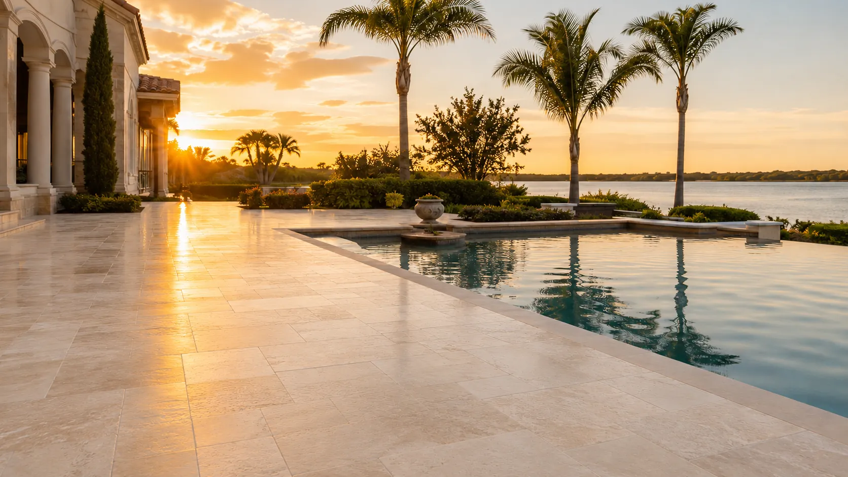 Sealed travertine pool deck beside a Florida bayfront home.