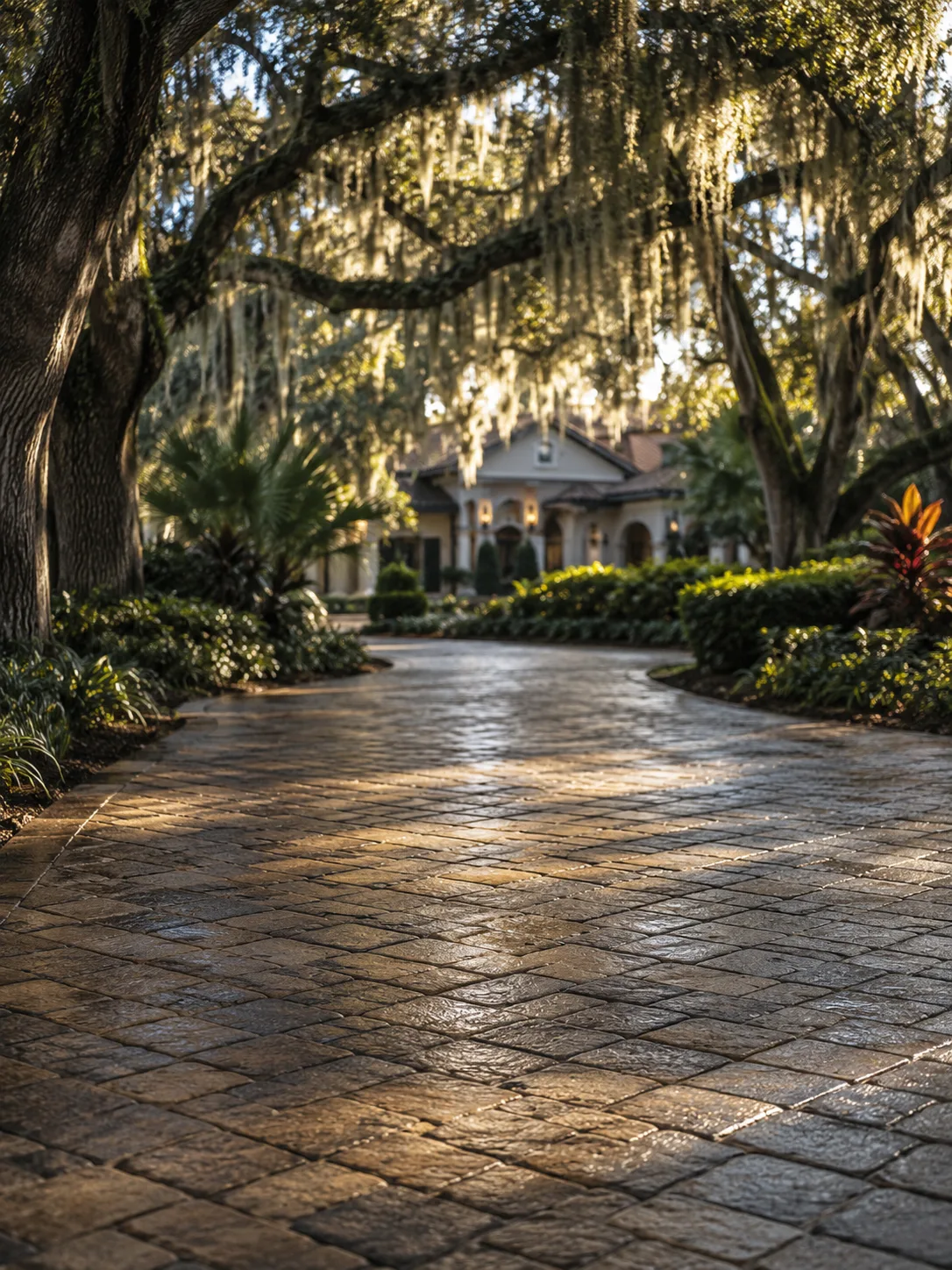 Serene sealed paver driveway among sunlit trees