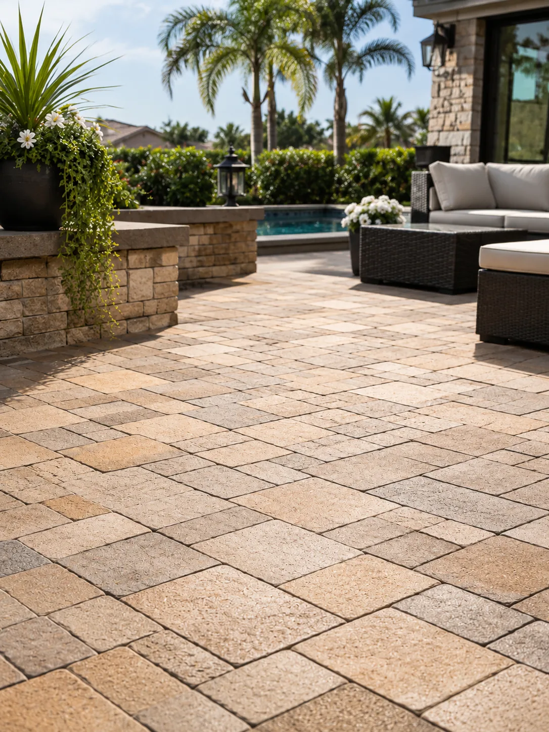 Sealed travertine patio overlooking a tropical pool