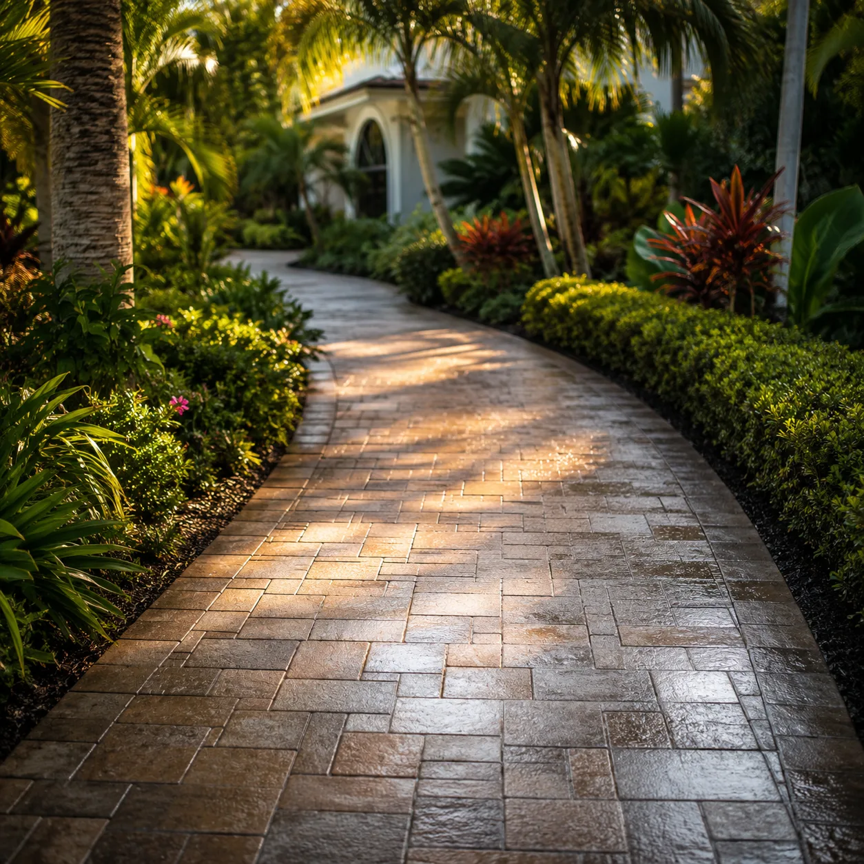 Sunlit sealed garden pathway through tropical greenery