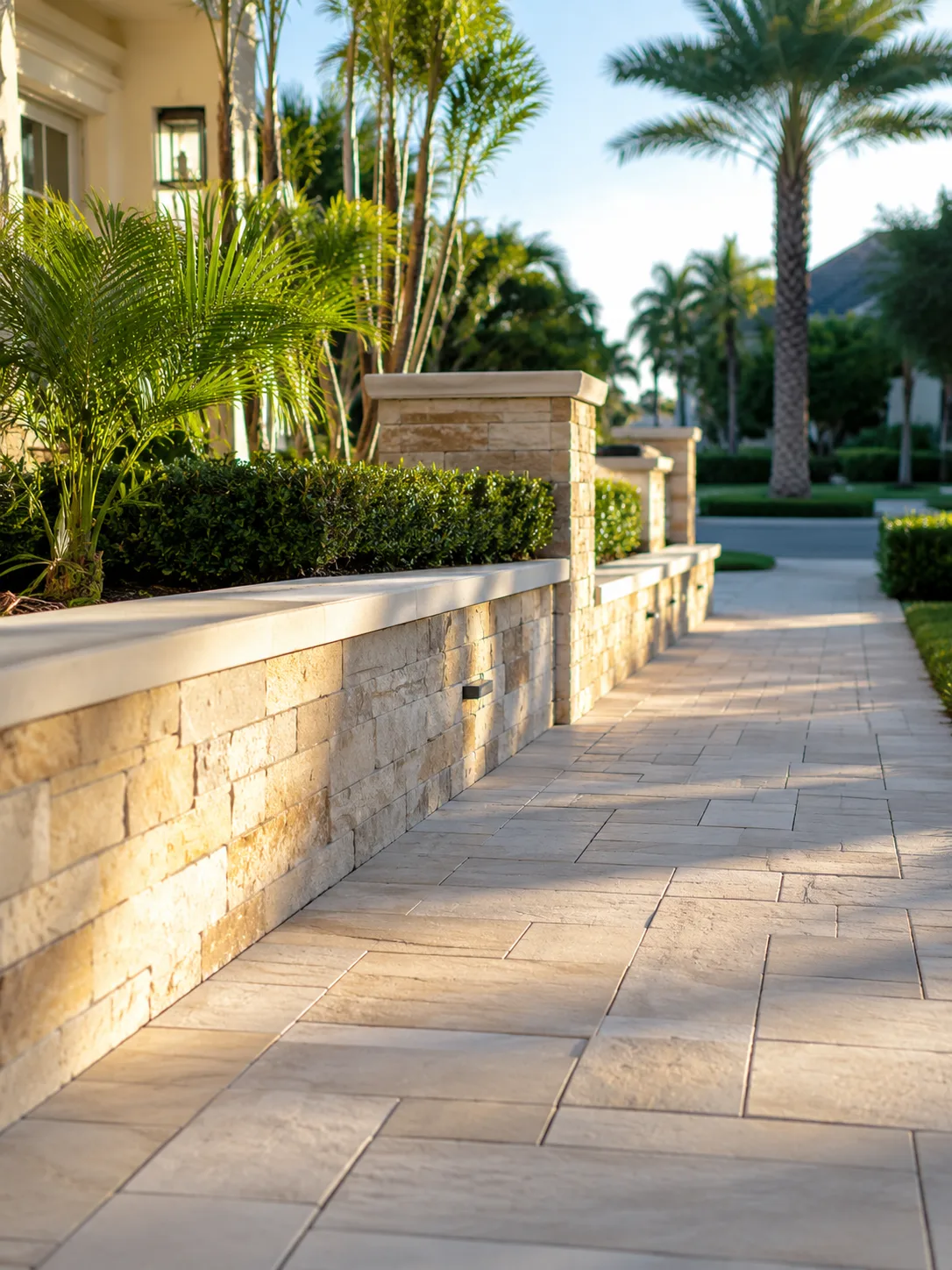 Sunny sealed garden path lined with tropical greenery