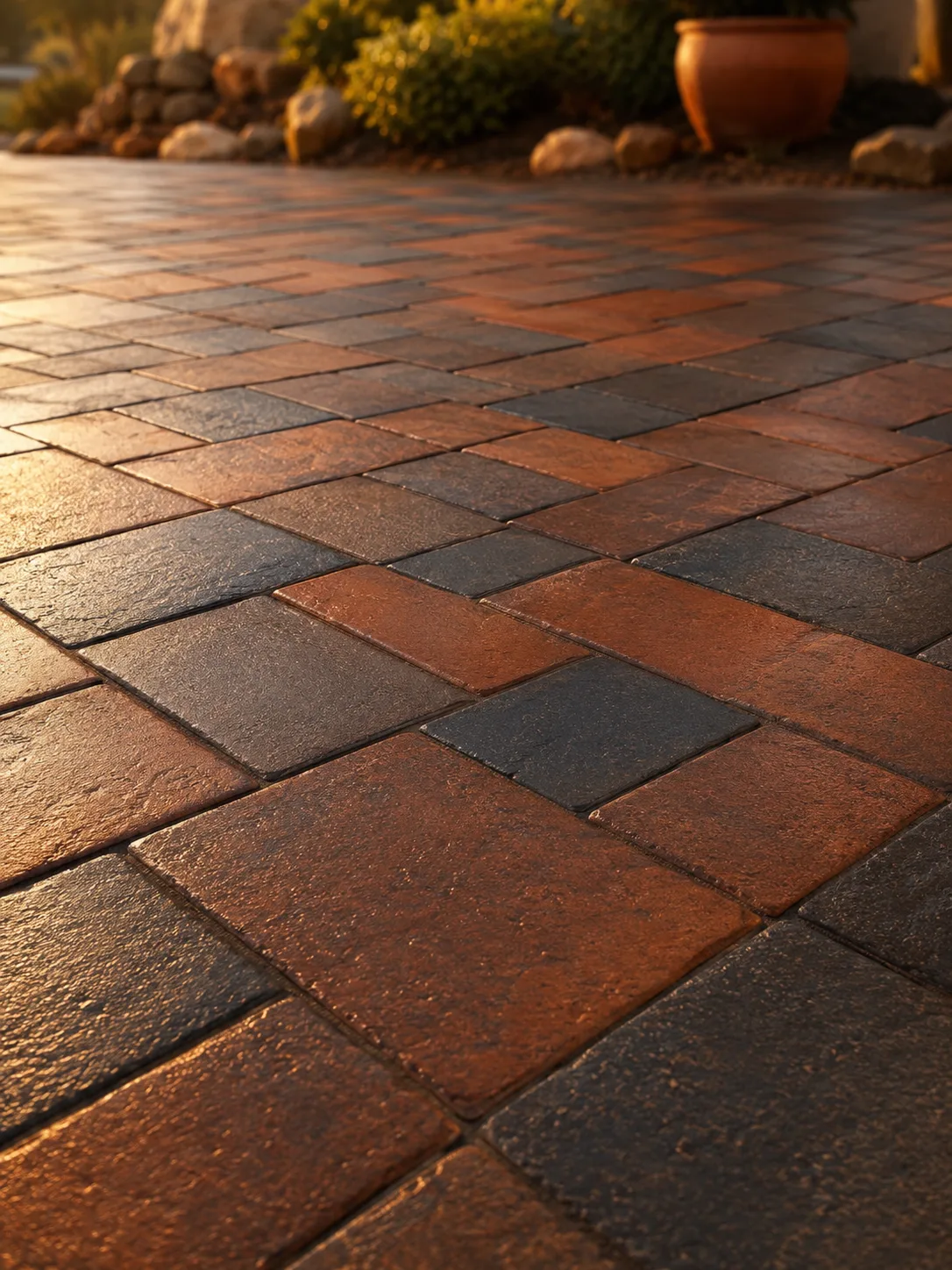 Textured stone patio surface at sunrise
