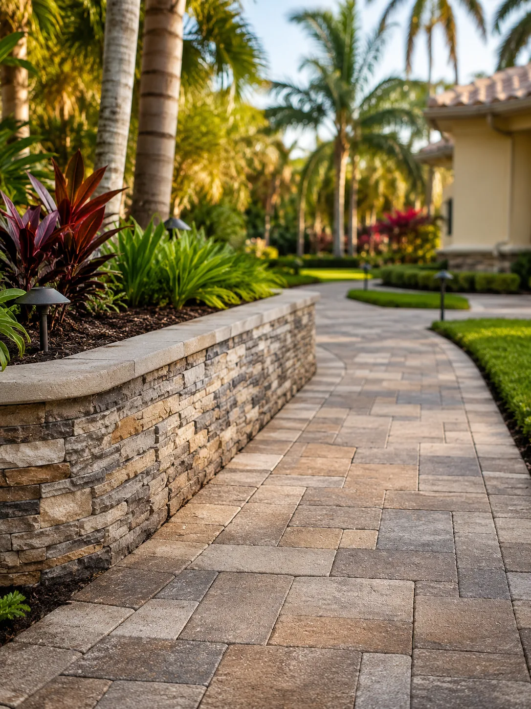 Sealed garden pathway at sunset