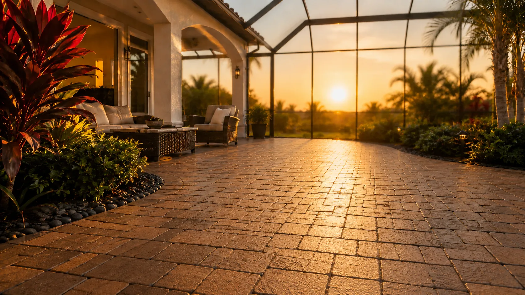 Sealed paver lanai beside a coastal Florida home.