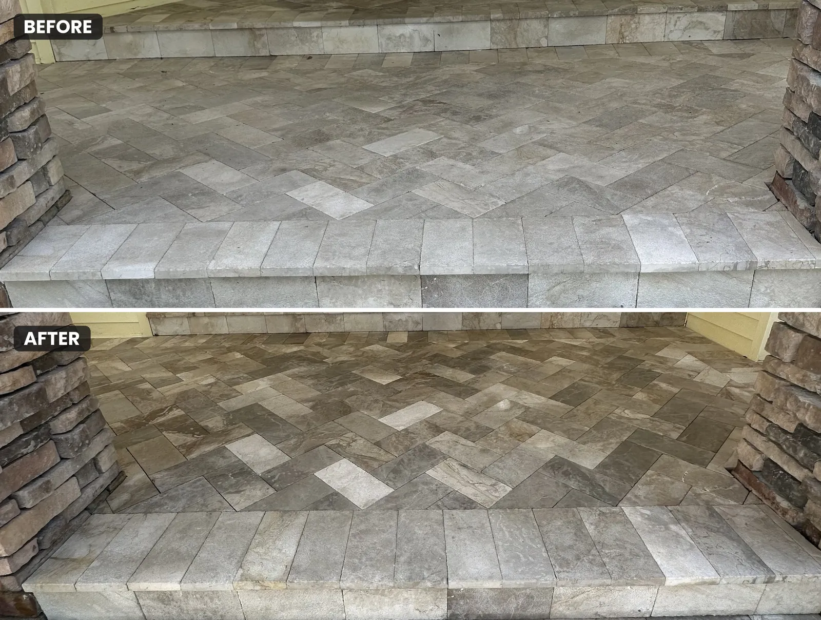 Travertine front porch in Odessa before and after a Vestra restoration clean and seal.