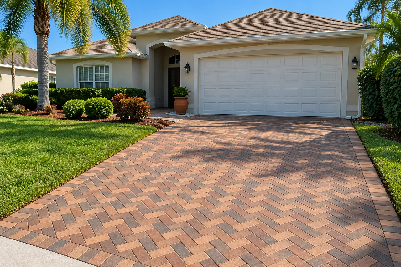 Sealed brick paver driveway in a herringbone pattern in front of a Florida home